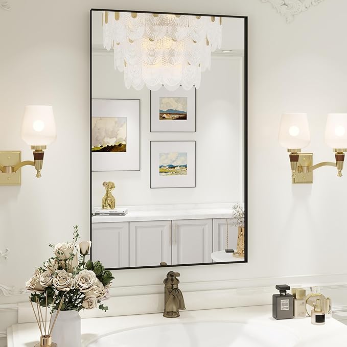 Black Bathroom Mirror, 20x28 inch Matte Black Vanity Mirror, Tempered Glass, Square Corner, Farmhouse, Entryway, Wall Mounted Rectangle Mirror(Vertical/Horizontal)