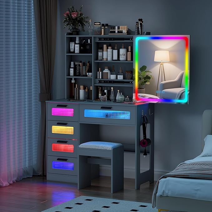 LED Vanity with Sliding Mirror, Smart Makeup Table with 5 Drawers 6 Shelves, Make Up Vanity Desk with Charging Station 14 Color Lighting Modes, Cushioned Stool, USB Type-C for Bedroom Gray