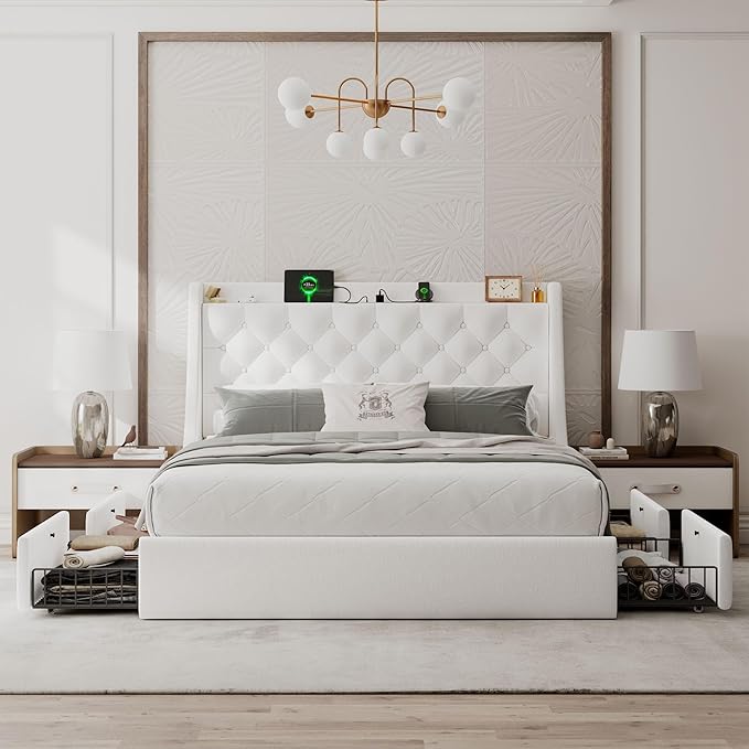Full Size Bed Frame with 4 Storage Drawers, Upholstered Bed Frame with Large Wingback Headboard, Charging Station, No Box Spring Needed, White