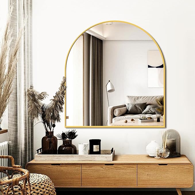 FICTOR Bathroom Vanity Mirror for Wall,32”x30” Arched Metal Framed Bathroom Mirror for Over Sink,Entryway,Living Room,Bedroom(Gold)