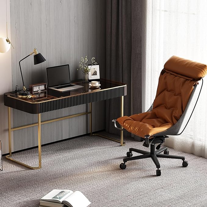 Lartis Modern Office Desk with Drawers,Glass Top Makeup Vanity Without Mirror Built-in USB Outlet Dressing Table Home Office Desk with Intelligent Socket,Very Easy to Assemble