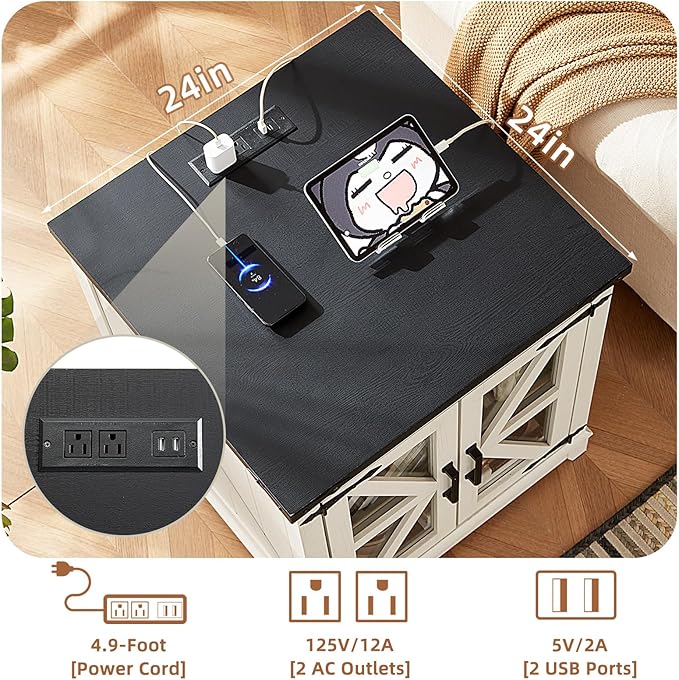 Farmhouse Coffee Table Sets 2 Pieces, Large End Side Tables with Charging Station and Coffee Table with Hidden Storage Compartment, Black Living Room Table Set, Wood Furniture Sets for Home Office