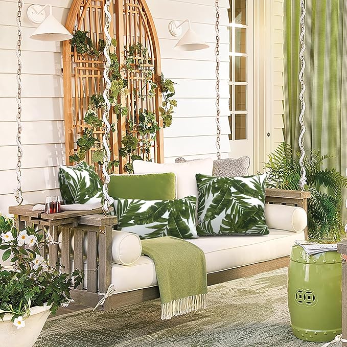 LVTXIII Set of 2 Patio Lumbar Pillows, 12”x20” Fade Resistant Outdoor Lumbar Pillow with Inners, Fluffy Decorative Garden Lumbar Cushions for Home Patio Coach Sofa Use, Palm Green