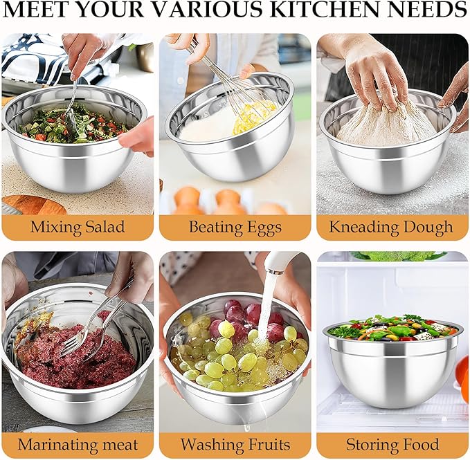 TeamFar Mixing Bowls, Stainless Steel Nesting Salad Bowls with Lids Set of 3 & 3 Grater Attachments, For Mixing/Serving/Storing, Non-toxic & Long-lasting, Size 4.6/3 / 1.5 QT, Khaki