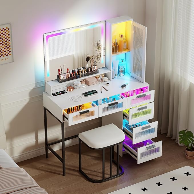 Vanity Desk with Mirror and RGB Lights, Makeup Vanity Desk with Wireless Charging Station,Large Dressing Table Set with Stool,LED Vanity Table with 6 Drawers/Cabinet/Shelves for Bedroom, White
