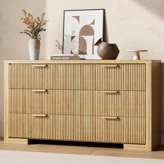 Fluted 6 Drawers Dresser for Bedroom, 54" Modern Chest of Drawers with Metal Handle, Wood Closet Clothes Storage Organizer for Living Room, Hallway, Entryway, Natural Oak