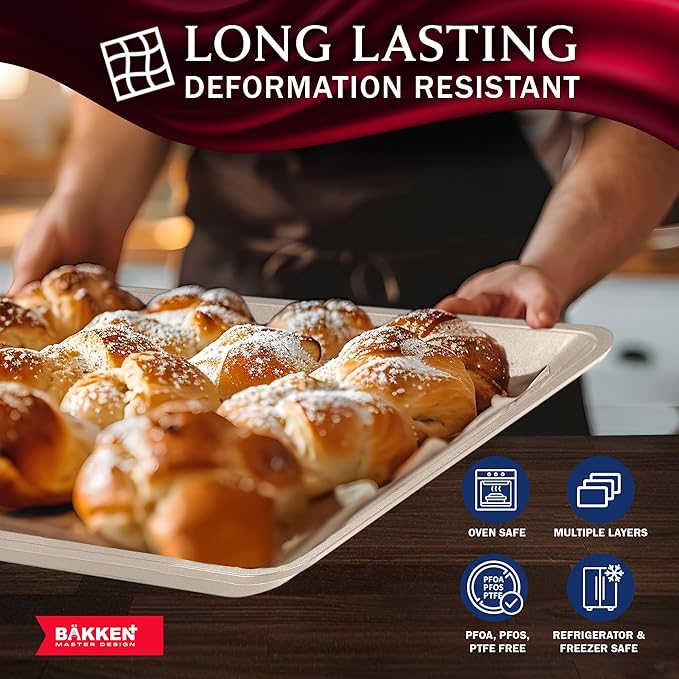 BAKKEN Kitchen Baking Pans - Nonstick White Coating, 13.58’’ × 9.65’’ Commercial Grade Carbon Steel Cookie Sheet, Diamond Texture Bottom, PFOA, PFOS, PTFE Free, Oven Safe Tray (450°F), White Marble