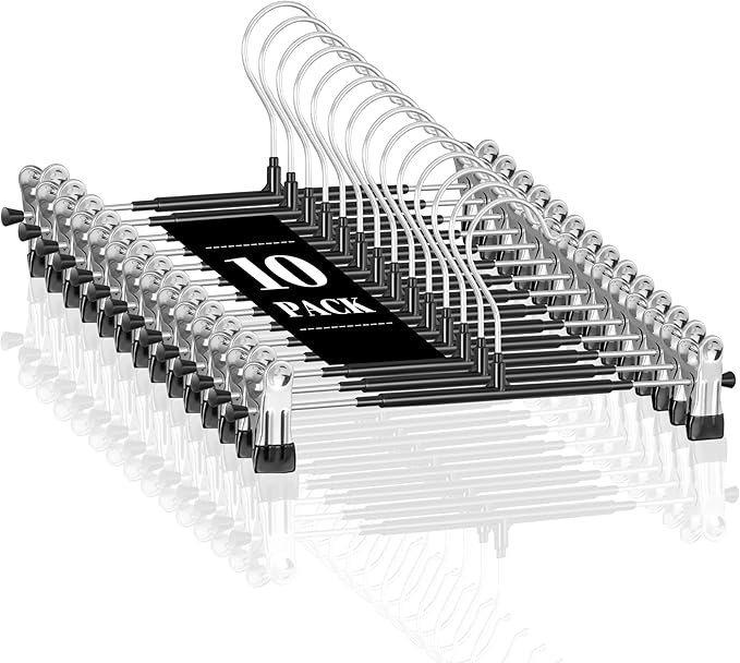 10 Pack 12Inch Heavy Duty Pants Skirt Hangers with Clips,Metal Trousers Hanger for Jeans Black Non Slip Women Shorts Hangers Saving Space Clothing Hanger for Adult,Men,Children,Kid,Baby