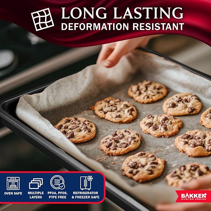 BAKKEN Kitchen Baking Pans - Small, Medium, and Large Cookie Pan (13.58×9.65, 15.75×11, 17.91×12.60), Nonstick, Diamond Texture Bottom, PFOA, PFOS, PTFE Free, Oven Safe Tray (450°F), Pack of 3, Gray