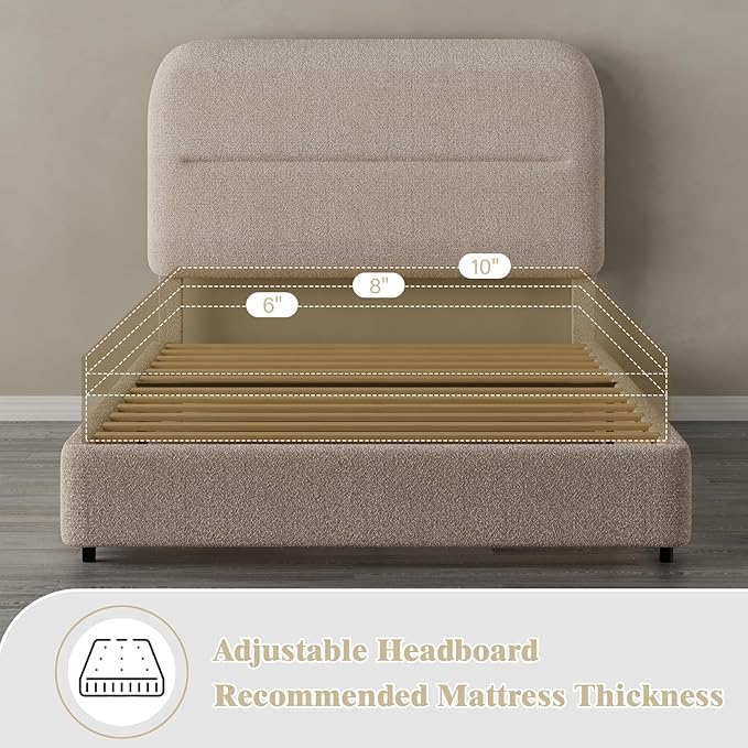 Twin Size Boucle Bed Frame, Upholstered Bed Frame with Headboard, Twin Bed Frames for Kids, Thickened Footboard/Rounded Corners/Adjustable Headboard/No Box Spring Needed/Easy Assembly, Beige