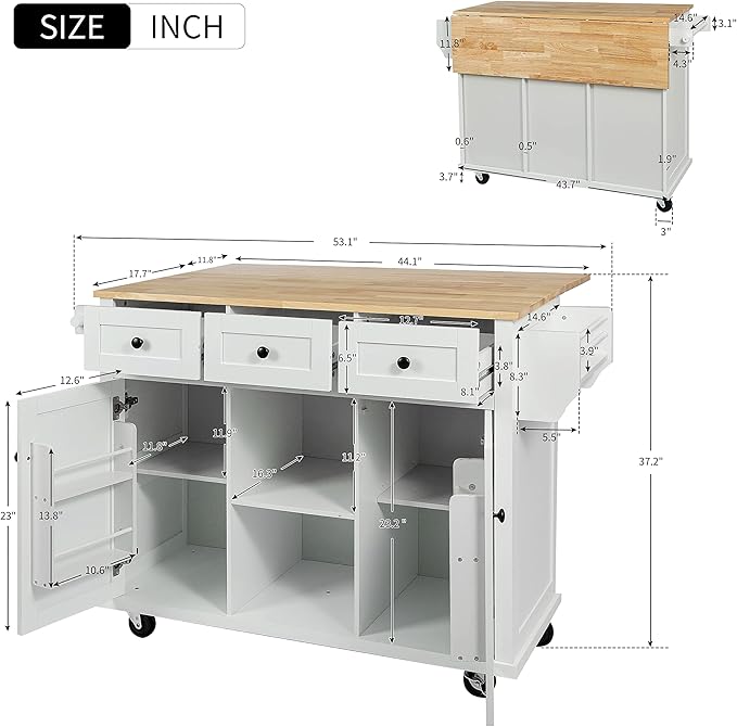 Kitchen Island Cart with Drop-Leaf Cabinet Door Internal Storage Rack 5 Wheels 3 Drawers for Kitchen, Dining Room, Bathroom 53.1" W*29.5" D*37.2" H White