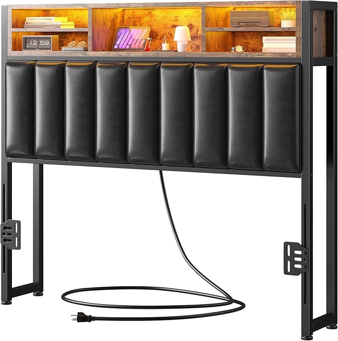 EnHomee Headboard Full Size Bed with Charging Port, Full Size Head Board with LED Light, with Storage Shelf, Headboard Only Upholstered for Bedroom