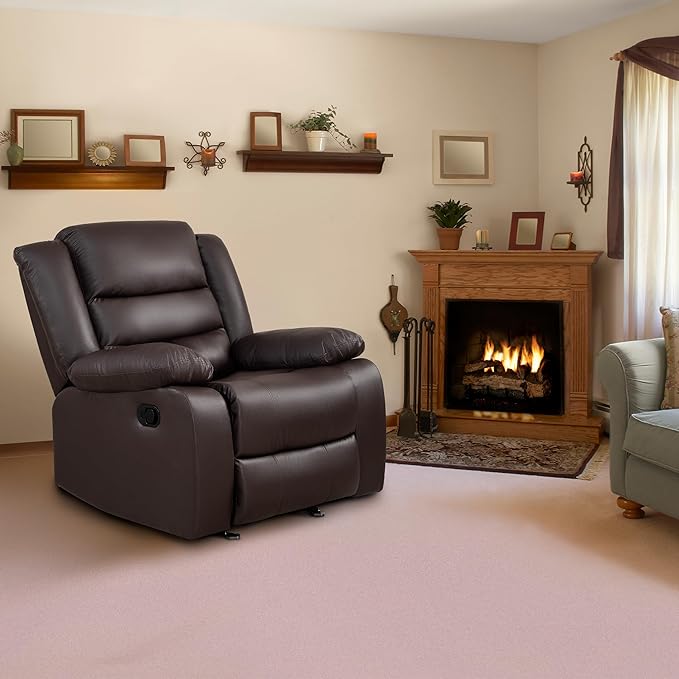 PrimeZone Oversized Rocker Recliner Chair - Comfy Wide Lazy Boy Recliner Chair with Overstuffed Armrest, Faux Leather Manual Reclining Chairs for Living Room, Bedroom, Home Theater Seating, Brown