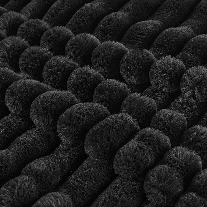 Faux Fur Throw Blanket for Couch, Cozy Warm Plush Striped Blanket for Sofa Bedroom Living Room, 50x60 Inches Black
