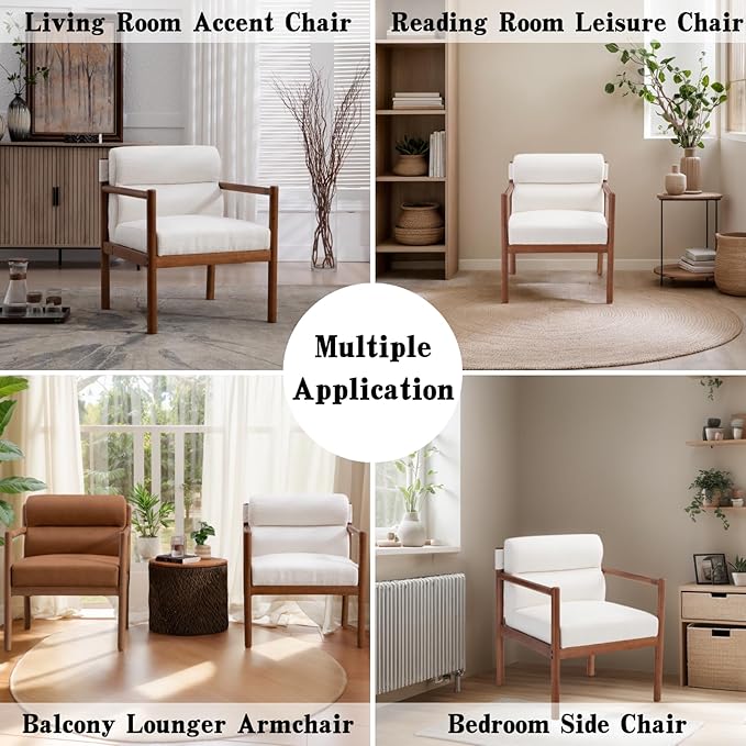 Mid-Century Accent Chair, Modern Linen Fabric Lounger Chair Upholstered Armchair with Walnut Wood Frame, Upholstery Back Leisure Chair for Living Room, Balcony, 1PC, White
