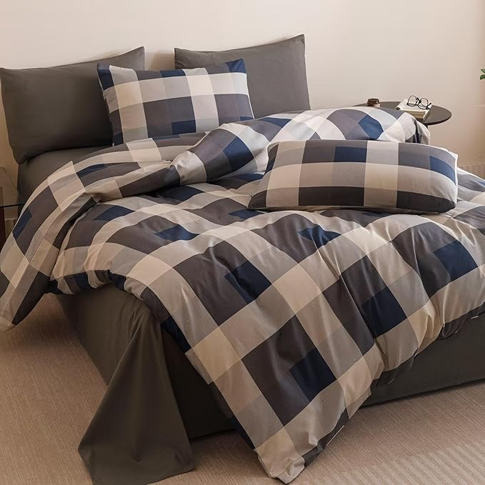 Luxlovery Checkered Navy Blue Comforter Set Twin Gingham Plaid Comforter Boys Kids Bedding Set Fluffy Soft Grid Khaki and Blue Blanket Quilts with 2 Pillowcases