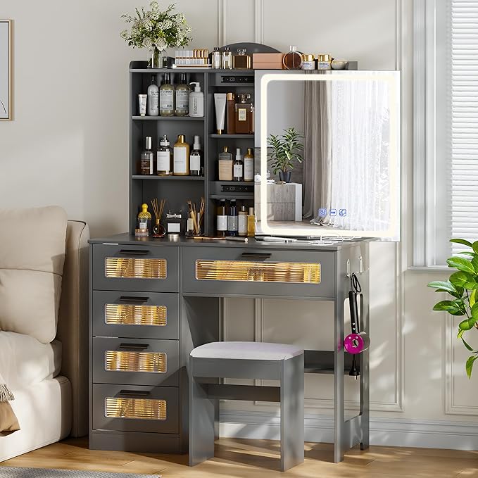 Vanity Desk with Sliding Vanity Mirror and RGB Lights,Makeup Vanity Desk with Charging Station,LED Vanity Table with Hidden Storage,Dressing Table Set with Stool&5 Drawers for Bedroom,Grey
