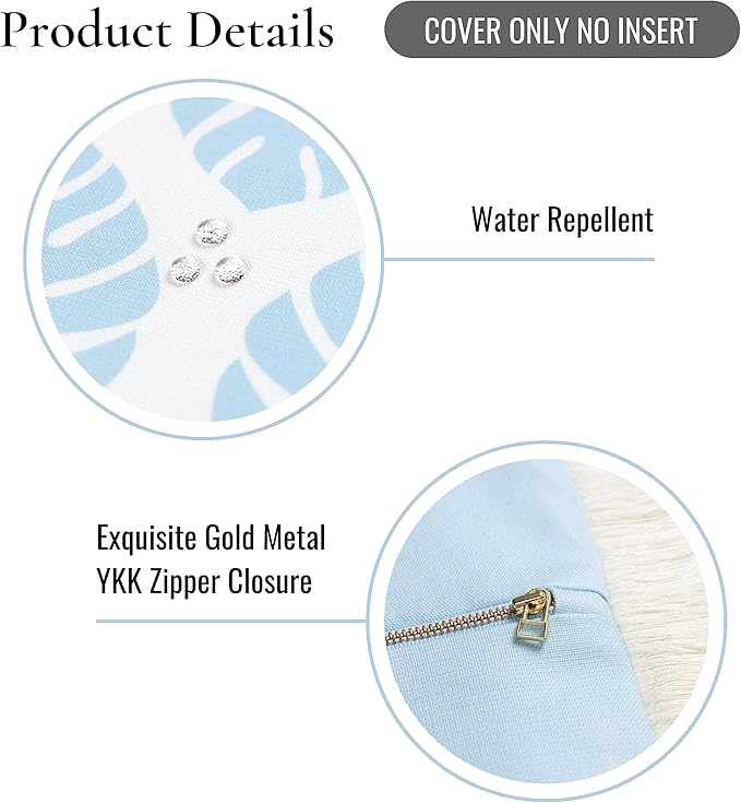 Hofdeco Premium Coastal Hampton Style Patio Indoor Outdoor Pillow Cover Only, 20"x20" Water Resistant for Backyard, Couch, Baby Blue Monstera Leaf Fringe