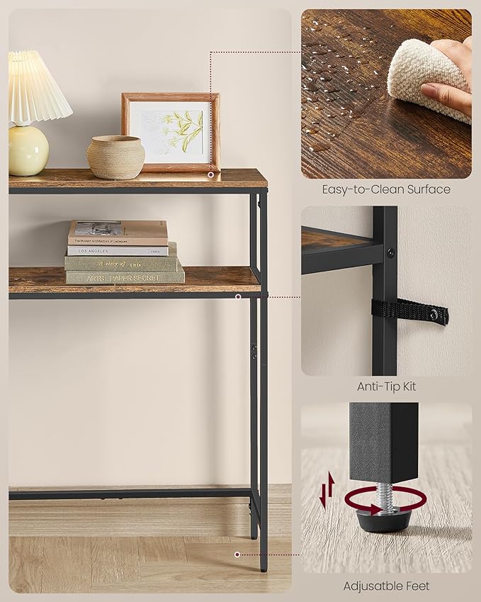 VASAGLE Console Table with Power Outlet, 2-Tier Narrow Sofa Table with 2 Shelves, 7.9 x 39.4 x 31.5 Inches, for Living Room, Hallway, Entryway, Rustic Brown and Ink Black ULNT136K01