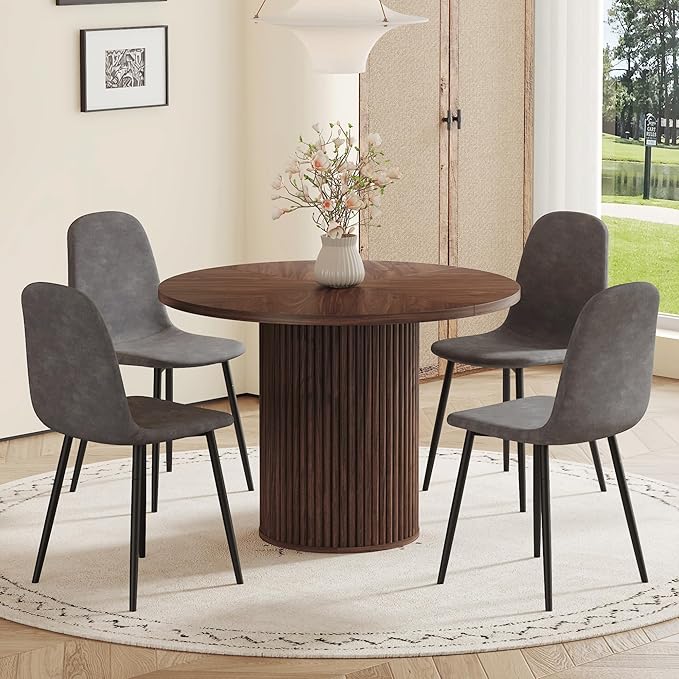 AZmac Round Dining Table Set for 4, Wooden Round Table 5-Piece with Modern Farmhouse Dining Table and 4 Fabric Chairs for Kitchen Dining Room, Walnut Table + 4 Gray Chairs