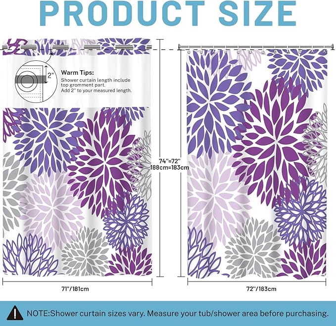 No Hook Shower Curtain with Snap in Liner - Dahlia Floral Shower Curtain - Fabric Waterproof Inner Liner, Plants Purple Grey Flowers Modern Cloth Shower Curtains - Machine Washable, 71 x 74
