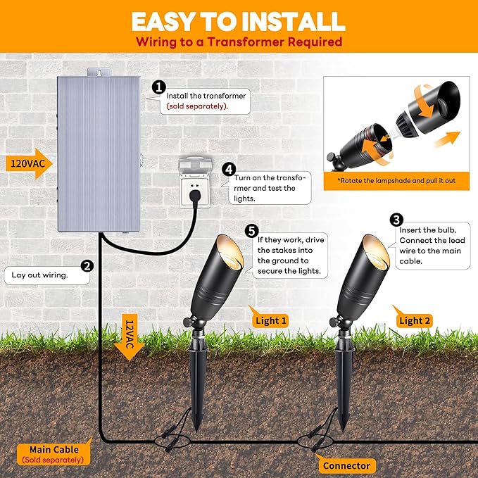 Landscape Spotlights Low Voltage - Brass 12V Outdoor Uplight LED, Wired Spot Lights IP65 Waterproof, Bright Metal Black for Exterior Garden Yard Tree House Without MR16 Bulb