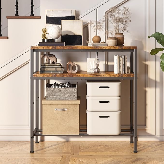 Homeiju Entryway Table with Storage, 3-Tier Console Table 31.5" Width, Industrial Sofa Table with Open Shelves, Foyer Tables for Entryway, Hallway, Kitchen, Living Room and Bedroom, Rustic Brown