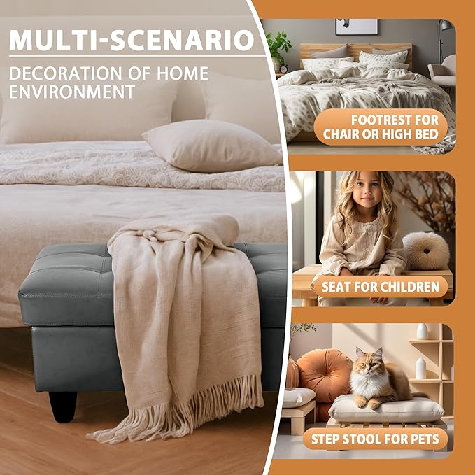 Ottoman Rectangular Storage Ottoman Bench, Faux Leather Footrest, Coffee Table, Stool Footstool with Hinged Lid for Living Room, Bedroom, Entryway, Light Blue, 35"x23.5"x17.5"