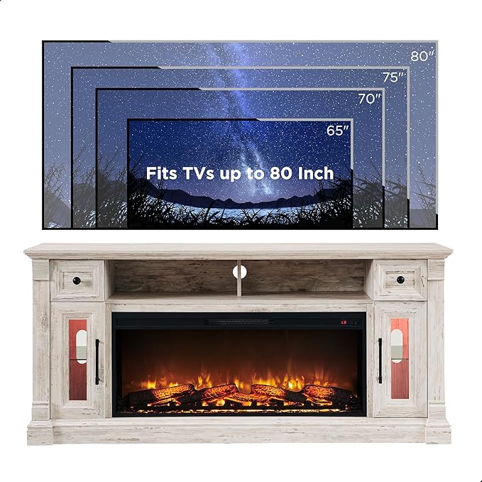 OKD Fireplace TV Stand for 80 Inch TV - Farmhouse Entertainment Center with 42" Electric Fireplace & LED Lights, Wood Media Console with Storage Drawers & Cabinets for Living Room, Antique Brush White