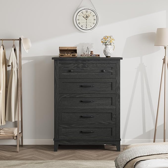 GarveeHome 5 Dresser for Bedroom, 41.3" Tall Vertical Drawer Dresser with Large Storage, Freestanding Wooden Closet Chest for Bedroom, Living Room, Black