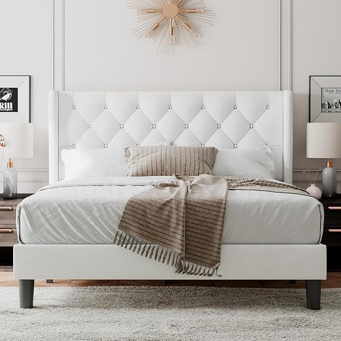 Feonase Queen Size Bed Frame with Diamond Tufted Wingback Headboard, Upholstered Platform Bed, Sturdy Wooden Slats Support, Noise-Free, No Box Spring Needed, Easy Assembly, White