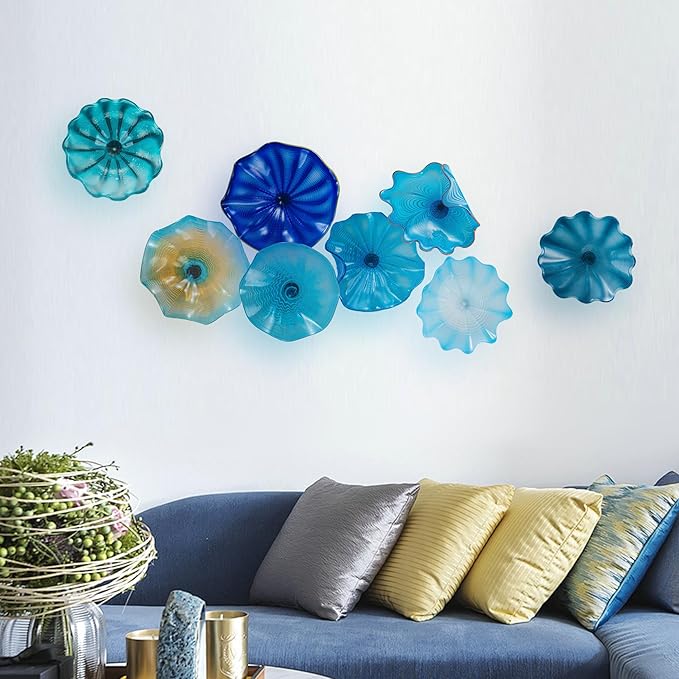 Hand Blown Glass Wall Plates Decor, Modern Unique Glass Wall Art, Murano Blown Glass Wall Art with Transparent and Easy to Clean for Staircase, Living Room, Kitchen, Hallway