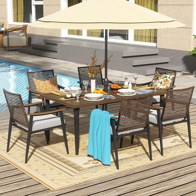 NATURAL EXPRESSIONS 7 Piece Patio Dining Set for 6 Outdoor Furniture Set, Rattan Wicker Chairs with Cushions and 65” Large Dining Table with 1.65'' Umbrella Hole for Patio, Garden, Porch, Pool, Beige