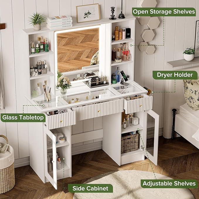 Vanity Desk with Mirror and Lights, Modern Makeup Vanity with Glass Top, Fluted Dressing Table Vanity Set with 3 Drawers, 4 Open Shelves, and Storage Cabinets for Bedroom, 3 Color Modes