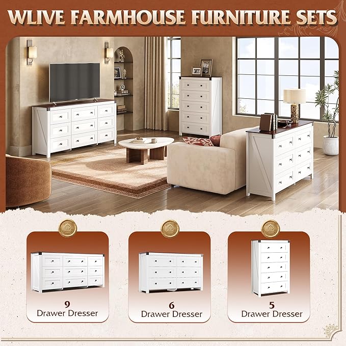 WLIVE Farmhouse White Dresser for Bedroom, 5 Drawer Dresser Storage Organizer, Tall Wood Dressers with Double Rustic Handle, Chest of Drawers for Living Room, Hallway, Closet