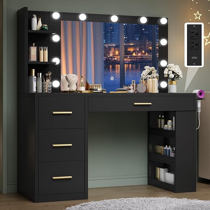 DWVO Makeup Vanity Desk with Mirror & Lights, 40inch Vanity Table with Power Outlets, 4 Drawers & 6 Open Storage Shelves, 3 Color Modes & Adjustable Brightness Dressing Table for Bedroom, Black