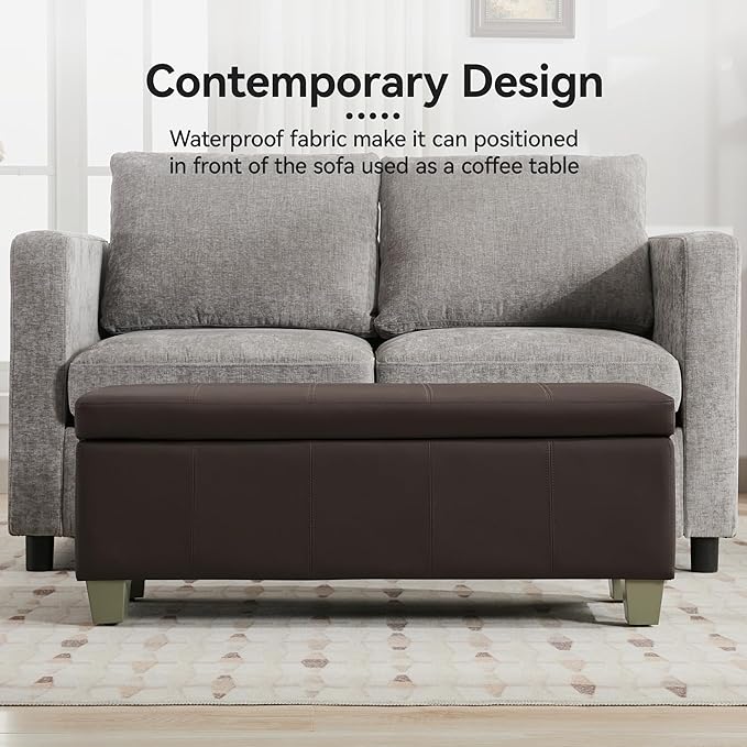 41" Faux Leather Storage Ottoman, Stitch Tufted Rectangle Upholstered End of Bed Storage Bench, Entryway Large Couch Ottoman with Wooden Legs,Brown