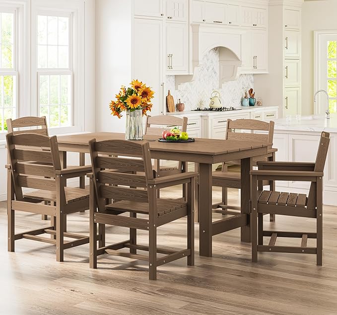 SERWALL 6-Person Outdoor Dining Table - 67" Rectangle HDPE Patio Table with Center Umbrella Hole, Weatherproof, Brown