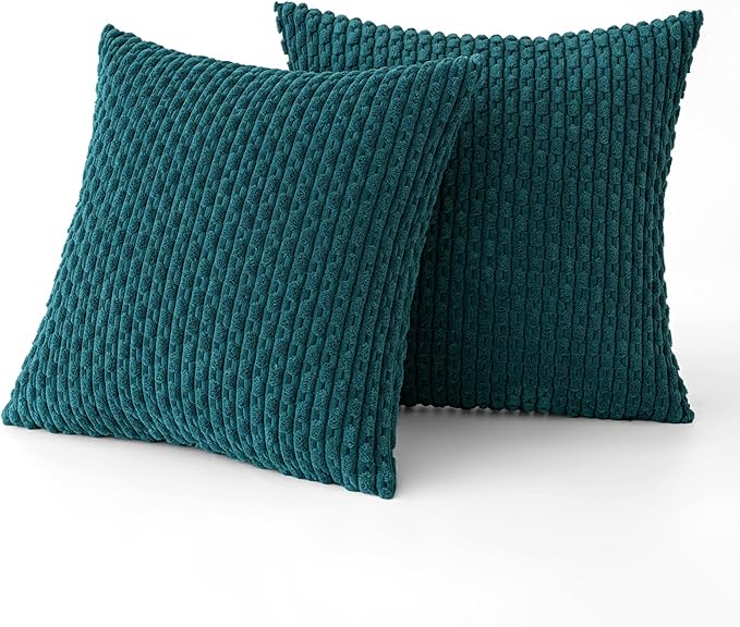 MIULEE Throw Pillow Covers Soft Corduroy Decorative Set of 2 Boho Striped Pillow Covers Pillowcases Farmhouse Home Decor for Couch Bed Sofa Living Room 20x20 Inch Teal Blue