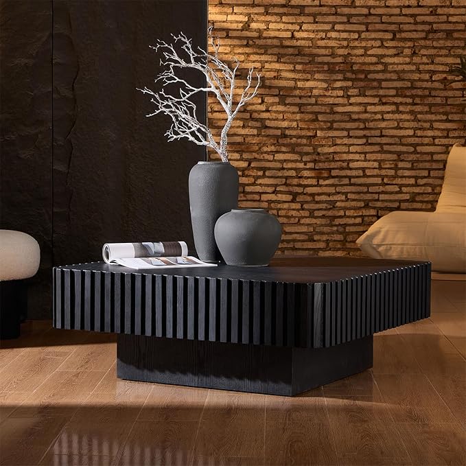 Square Coffee Table for Living Room, Accent Fluted Coffee Table with Storage, Modern Solid Wood Veneered Large Center Tea Table for Small Space Apartment (35.4''D×16''H-Black)