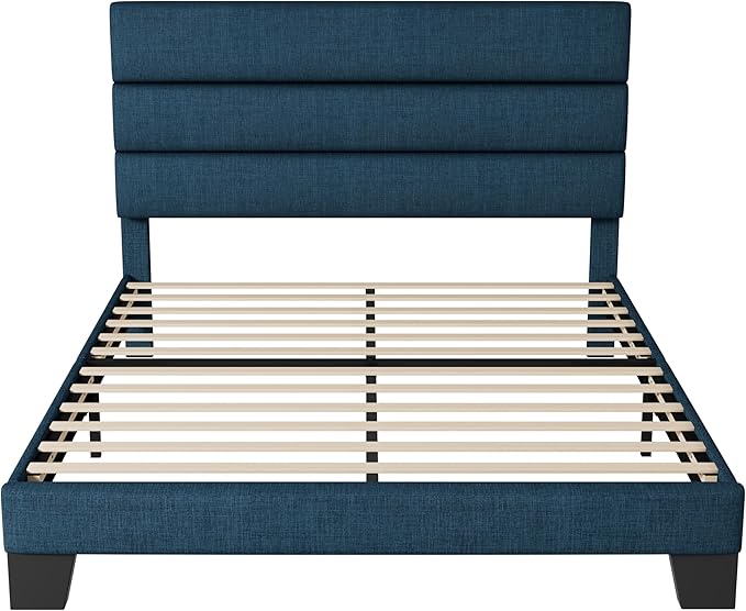 WEEWAY Queen Bed Frame Platform Bed with Linen Fabric Upholstered Headboard and Wooden Slats Support, Heavy Duty Mattress Foundation, No Box Spring Needed, Easy Assembly, Navy Blue