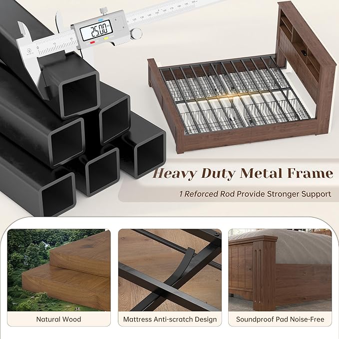 EnHomee Queen Bed Frame with Headboard and Storage,4 Drawers and LED Built in Charging Station Bed Frame Queen Size with Storage Farmhouse, NO Noise,No Box Spring Needed,Brown