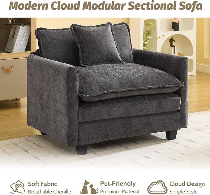 41'' Modern Chenille Oversized Chair, Upholstered Accent Living Room Chair with Extra Thicked Deep Seat, Single Lounge Chair for Bedroom, Small Apartment, Dark Grey