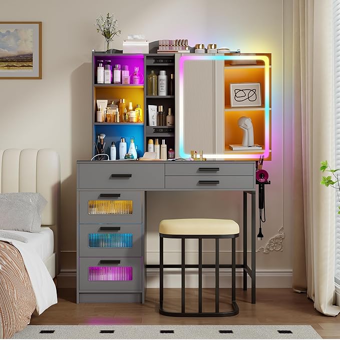 RGB Vanity Desk with Sliding Mirror and Lights,Makeup Vanity with Charging Station,LED Vanity Table with Glass Top,Girls Vanities Dressing Table Set with Stool&6 Drawers for Bedroom(Grey)