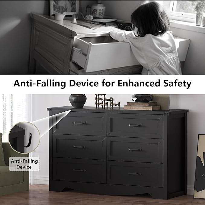 6-Drawer Dresser for Bedroom – 47" Wide Modern Wooden Chest with Natural Wood Texture, TV Stand & Storage, Metal Corner Brackets, Wood Drawer Organizer for Living Room, Hallway