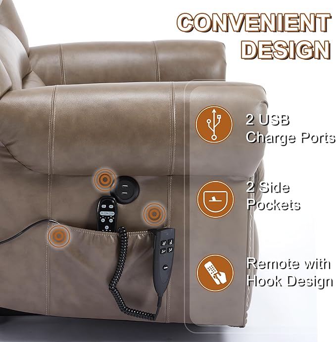 Power Lift Recliner Chair for Elderly, Dual Motor Massage Recliner with Lumbar Heat, Heavy Duty Motion Mechanism Lift Chair with Charge Ports, Genuine Leather - Brown