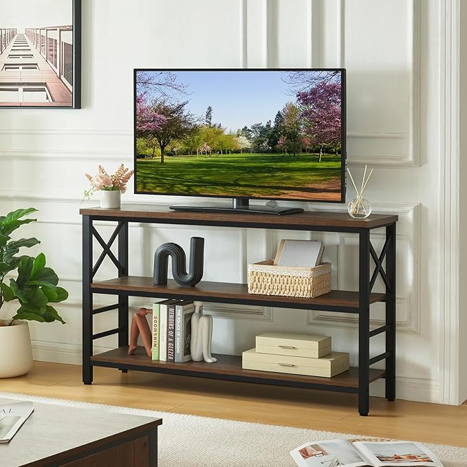 HOMBAZAAR Sofa Table,Industrial Console Table with Storage,Entryway Table with Engineered Wood and Metal,Rustic 3 Tier Shelf for Living Room,Hallway,Brown,55 Inch