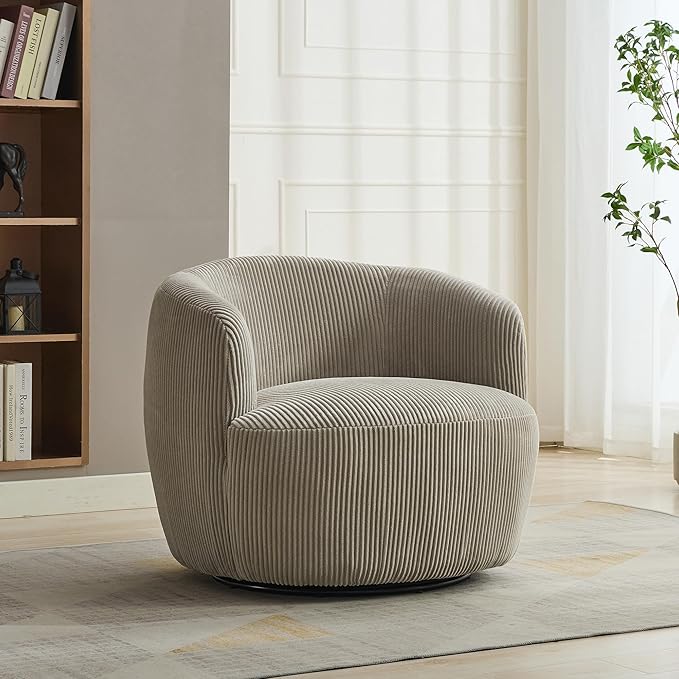 Aoiy & Wifon 34.25" W Swivel Barrel Chair, Upholstered Round Small Accent Chair, Single Comfy Barrel Chair for Living Room, Corduroy, Light Gray