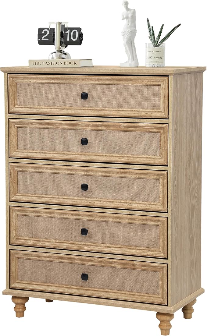 10 Drawer Dresser for Bedroom, Mid Century Modern Wide Wood Rustic Chest of Drawers Wooden Storage Organizer Dressers with Burlap Rattan Drawers for Living Room, Hallway Closet, Entryway, Natural