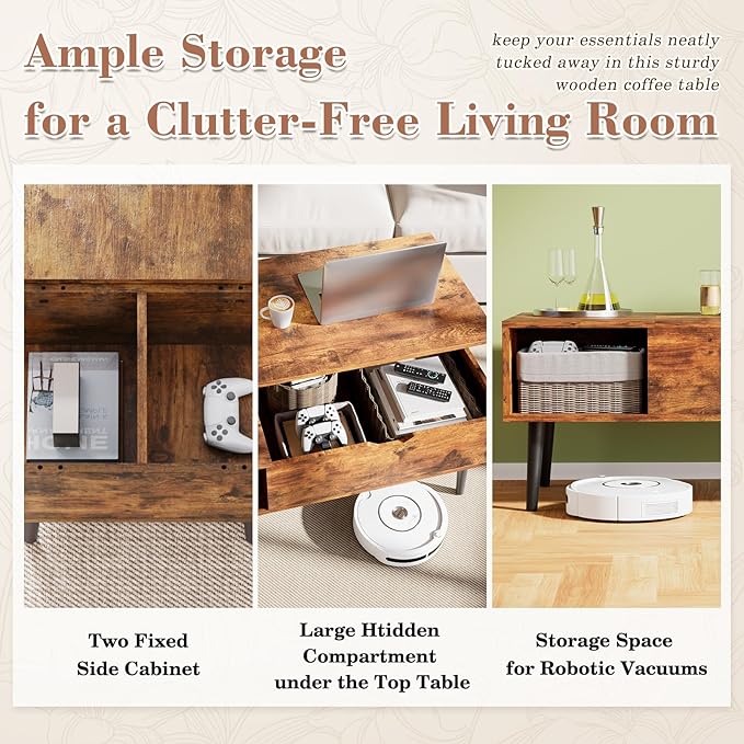 OLIXIS Wood Lift Top Coffee Table with Hidden Compartment and Large Storage Shelf, Lift Tabletop Dining Center Table for Home Living Room Office, Natural Wood